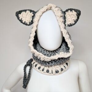 Handmade Crochet Gray & Cream Wolf Head Cowl Hood Scarf With Ears Beenie Hat